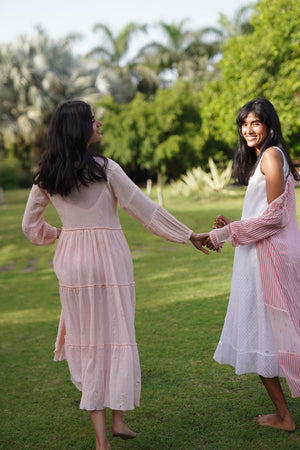 Light Pink Cotton Crush Tiered Midi Dress With Floral Embroidery Details.