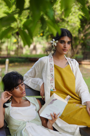 Ochre Yellow Handspun and Handwoven Kurta With Overlay