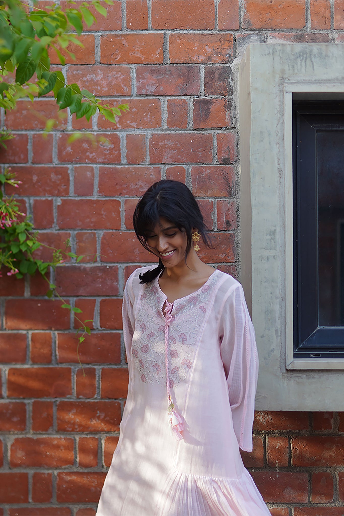 Light Pink Chanderi Kota Gathered Dress With Resham & Patchwork Detailing.