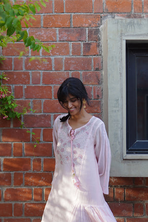 Light Pink Chanderi Kota Gathered Dress With Resham & Patchwork Detailing.