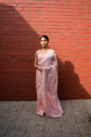 Peach & Grey Kota Saree With Tie & Dye Blouse