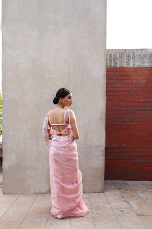 Peach & Grey Kota Saree With Tie & Dye Blouse