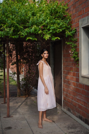 Peach Pink Kota Gathered Dress With Resham Embroidery And Patchwork.