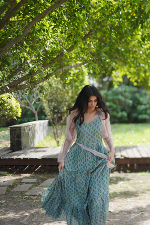 Cotton Silk Floral Printed Tiered Maxi Dress.