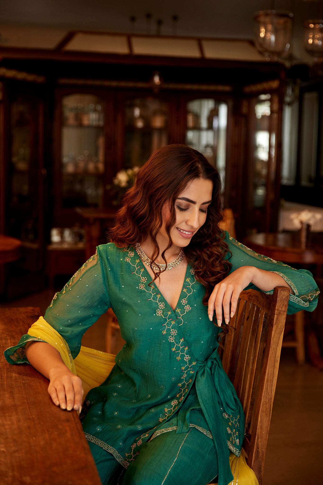 Overlap Bottle Green Hand Embroidered Kurta Sharara Set