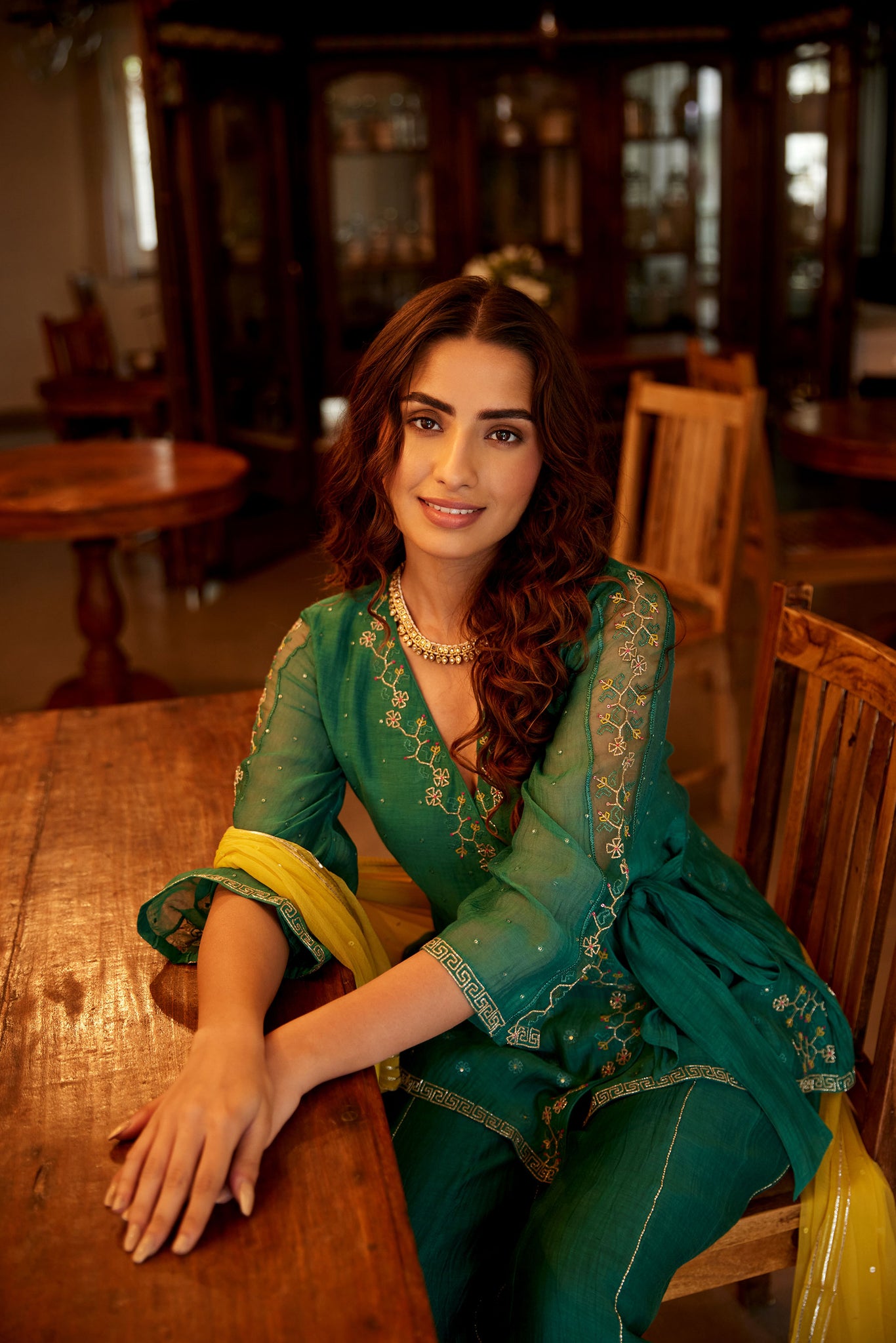 Overlap Bottle Green Hand Embroidered Kurta Sharara Set