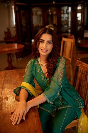 Overlap Bottle Green Hand Embroidered Kurta Sharara Set