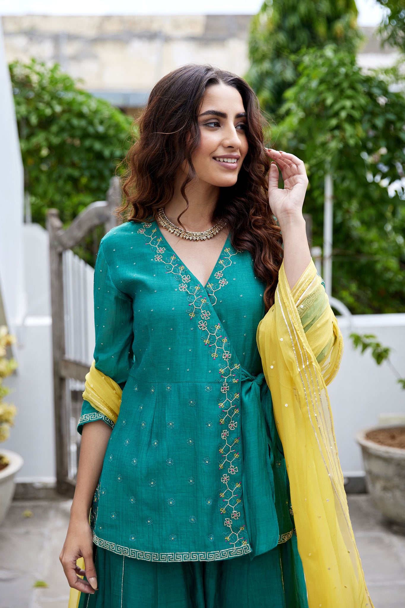 Overlap Bottle Green Hand Embroidered Kurta Sharara Set
