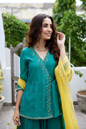 Overlap Bottle Green Hand Embroidered Kurta Sharara Set