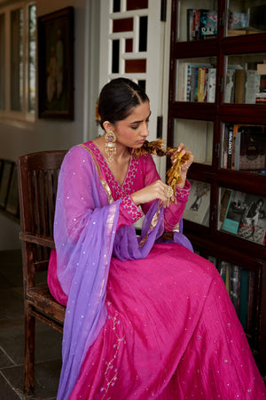 Magenta Hand Embroidered Angarkha Set