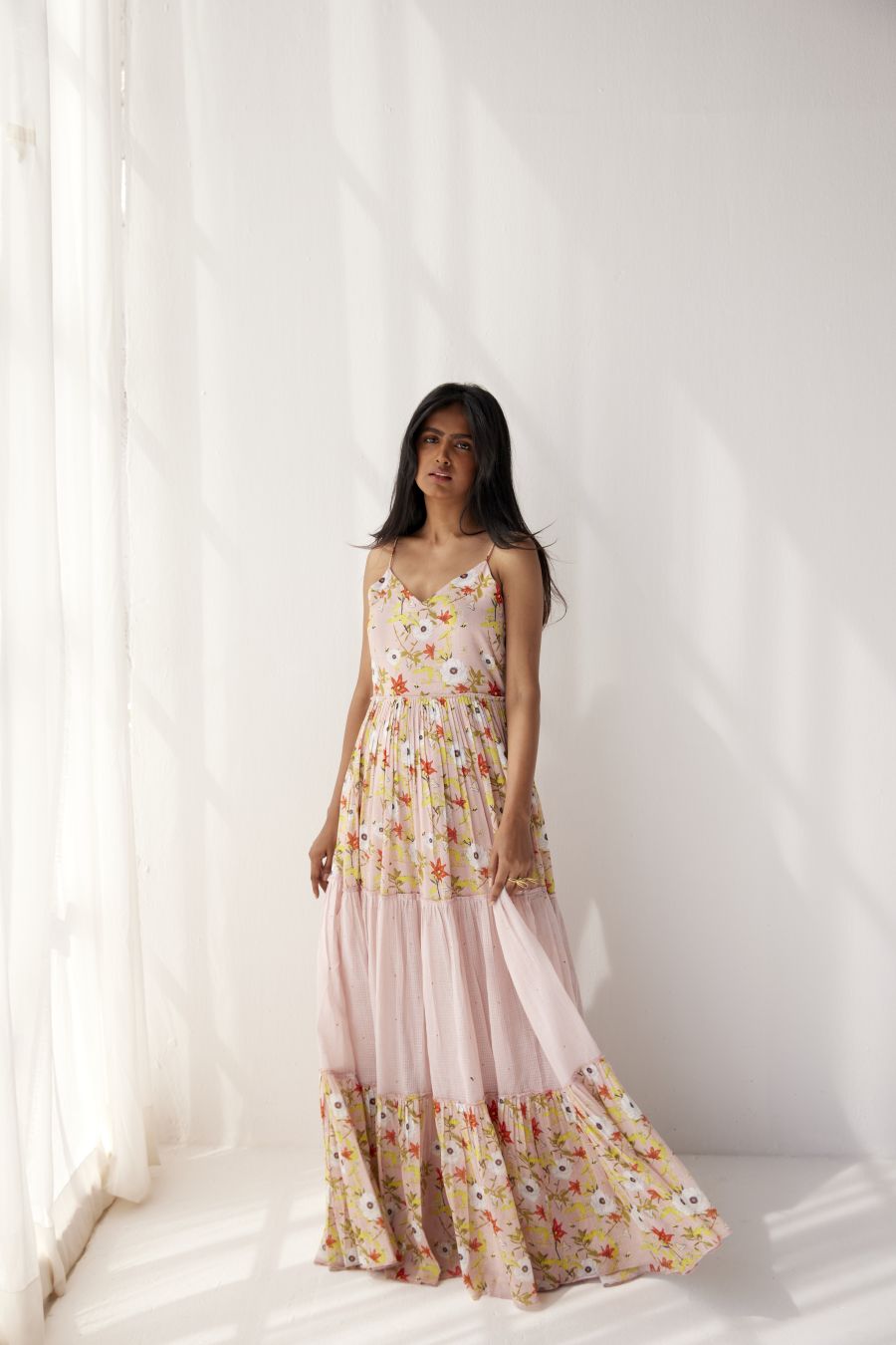 Lotus Pink cotton mul spaghetti tiered dress