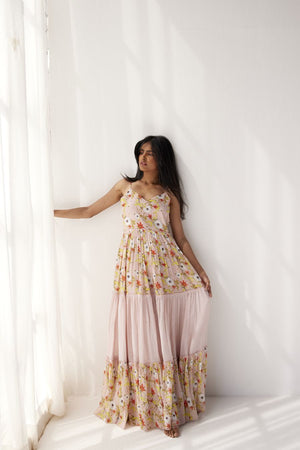 Lotus Pink cotton mul spaghetti tiered dress
