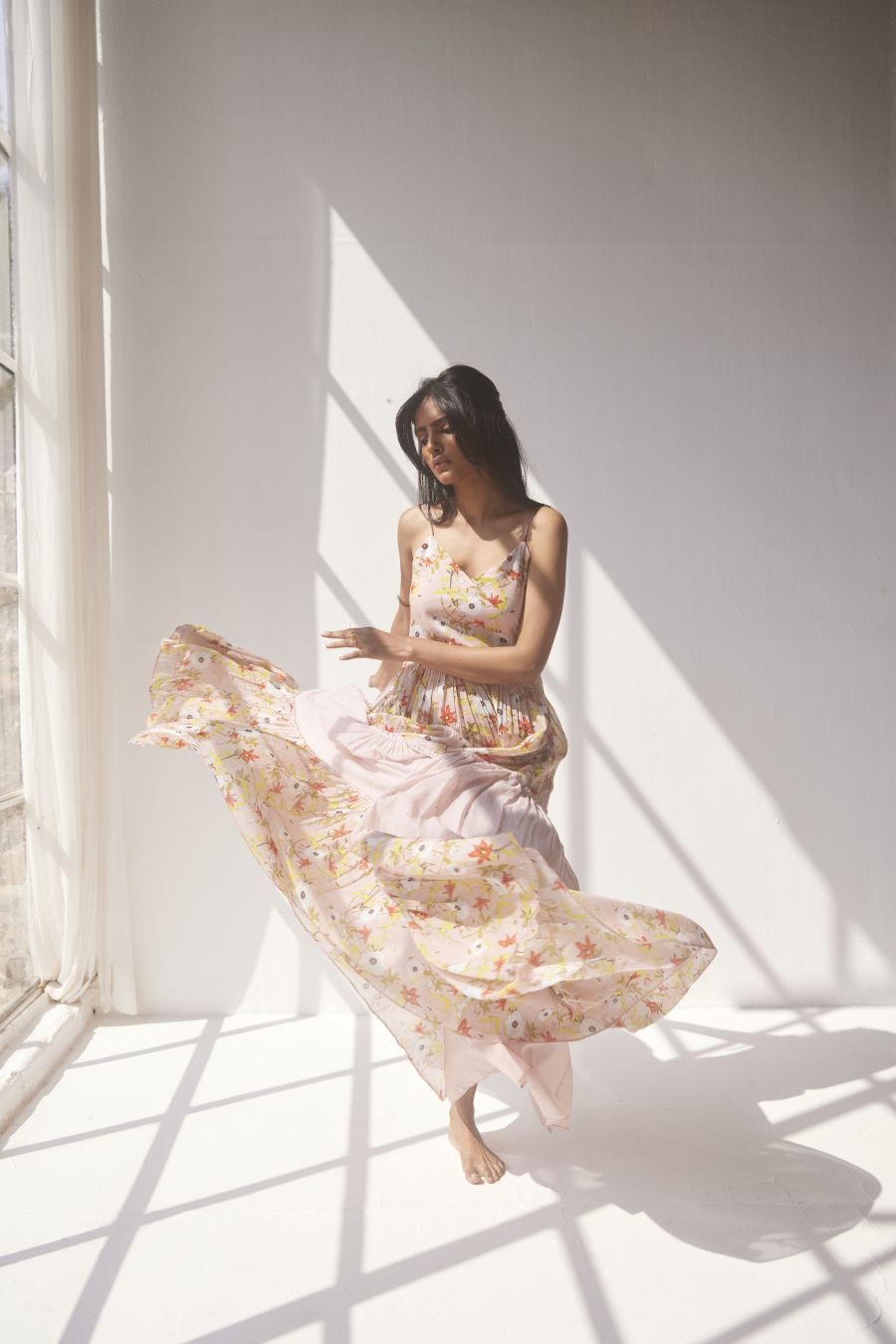 Lotus Pink cotton mul spaghetti tiered dress