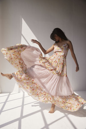 Lotus Pink cotton mul spaghetti tiered dress