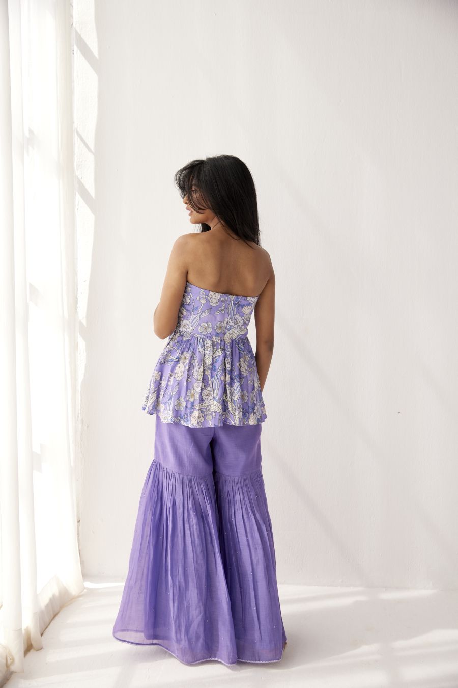 Very Peri Off Shoulder Top paired with chanderi sharara
