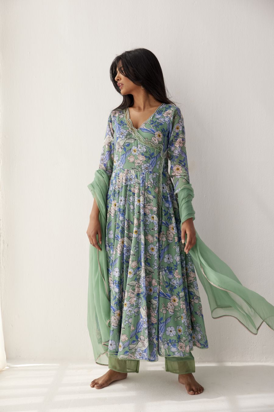 Granite Green cotton mul angarkha paired with granite green pants and chiffon dupatta