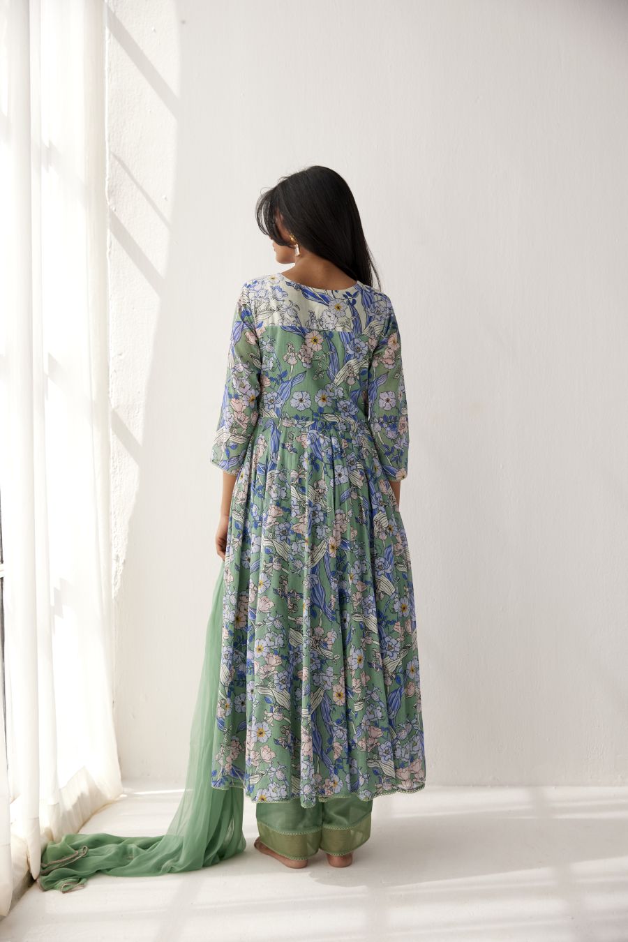 Granite Green cotton mul angarkha paired with granite green pants and chiffon dupatta