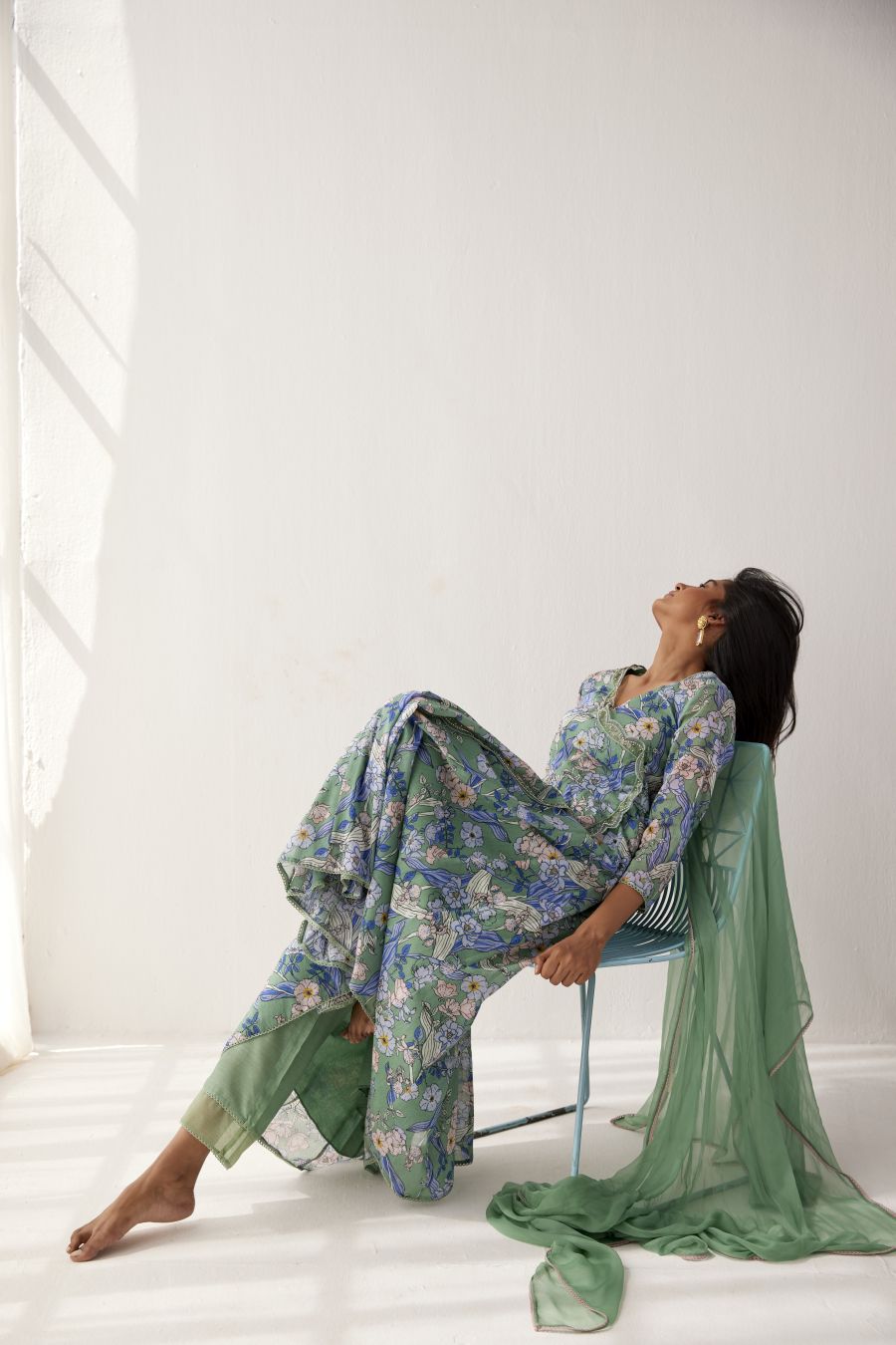 Granite Green cotton mul angarkha paired with granite green pants and chiffon dupatta