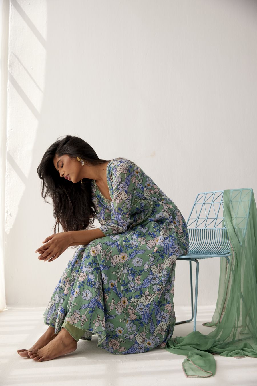 Granite Green cotton mul angarkha paired with granite green pants and chiffon dupatta