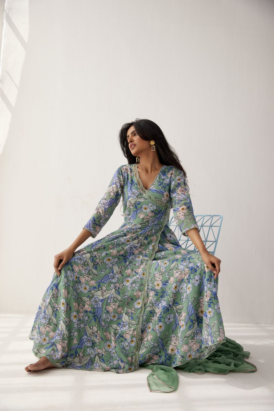 Granite Green cotton mul angarkha paired with granite green pants and chiffon dupatta
