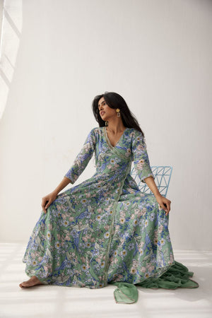 Granite Green cotton mul angarkha paired with granite green pants and chiffon dupatta