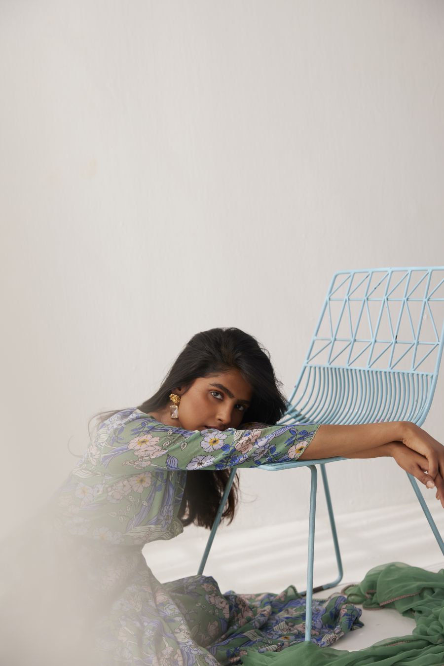 Granite Green cotton mul angarkha paired with granite green pants and chiffon dupatta