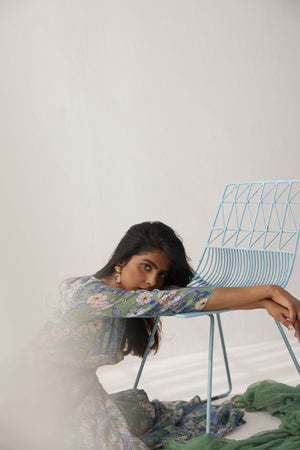 Granite Green cotton mul angarkha paired with granite green pants and chiffon dupatta