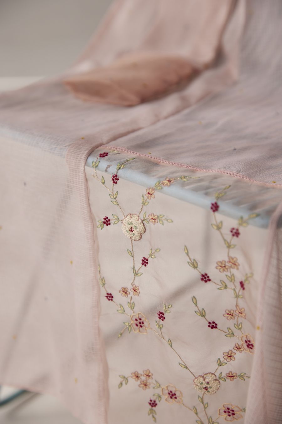 Lotus Pink hand embroidered overlay paired with chanderi dress.