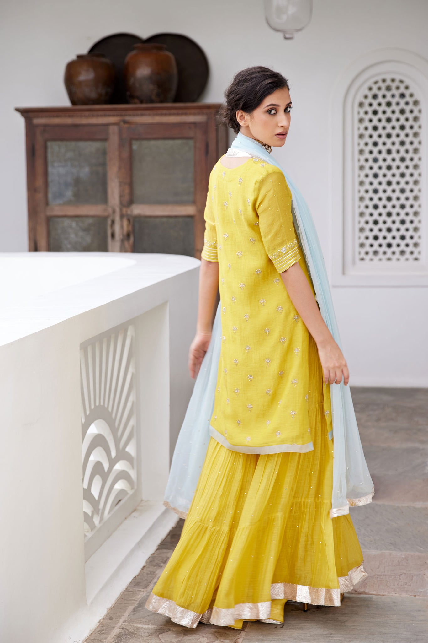 Golden Yellow Hand Embroidered Kurta and Sharara Set