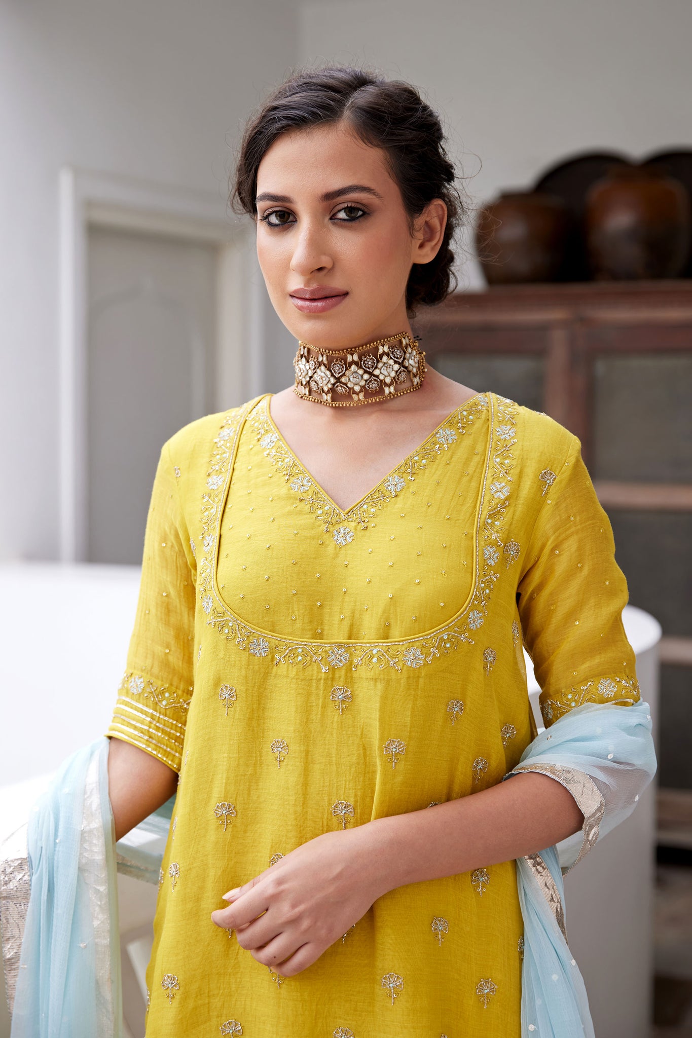 Golden Yellow Hand Embroidered Kurta and Sharara Set