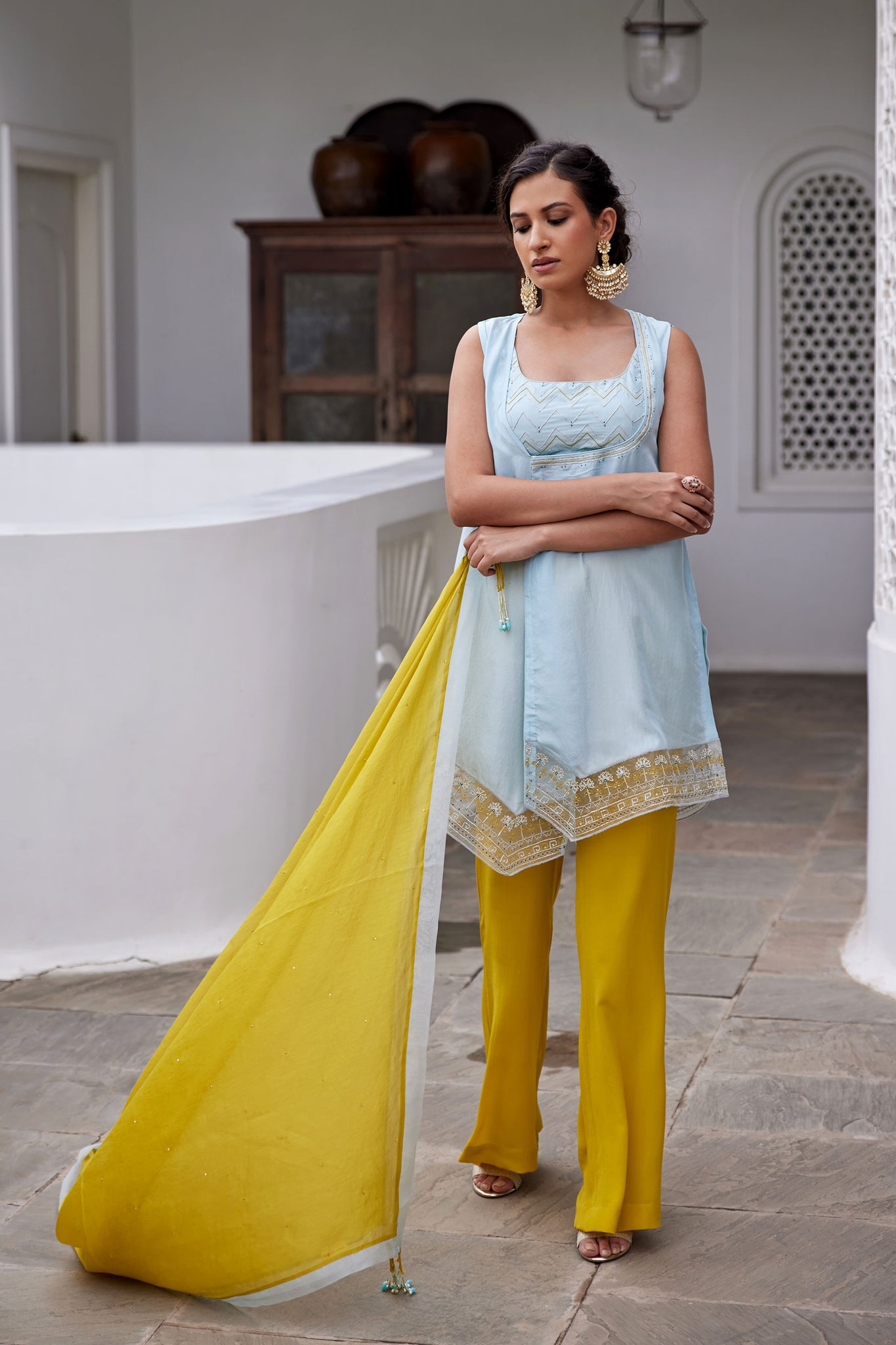 Powder Blue Hand Embroidered Jacket Set