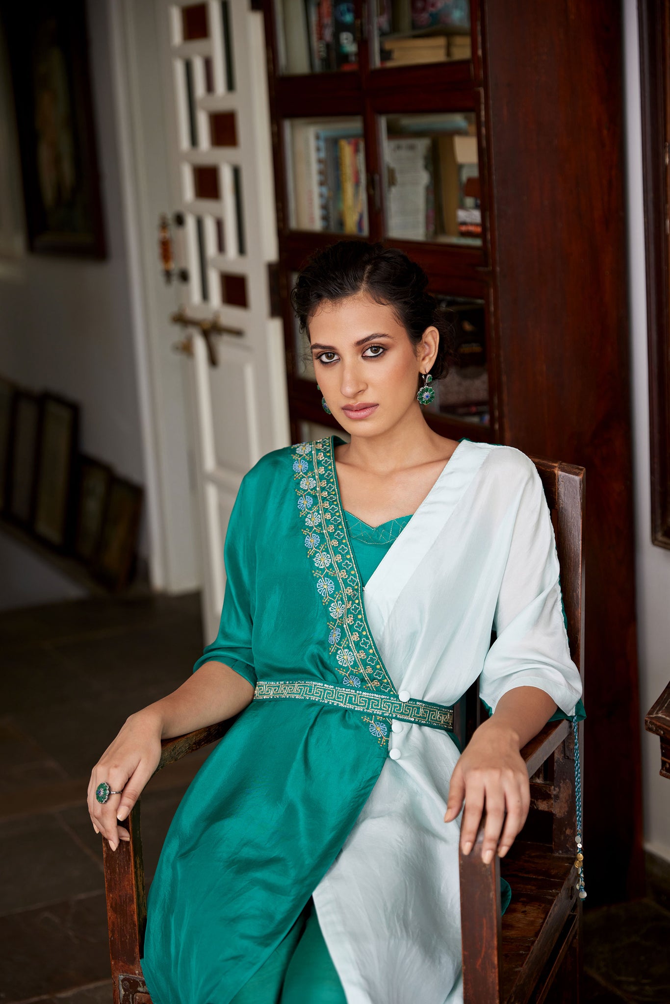 Teal & Powder Blue Hand Embroidered Kaftan Set