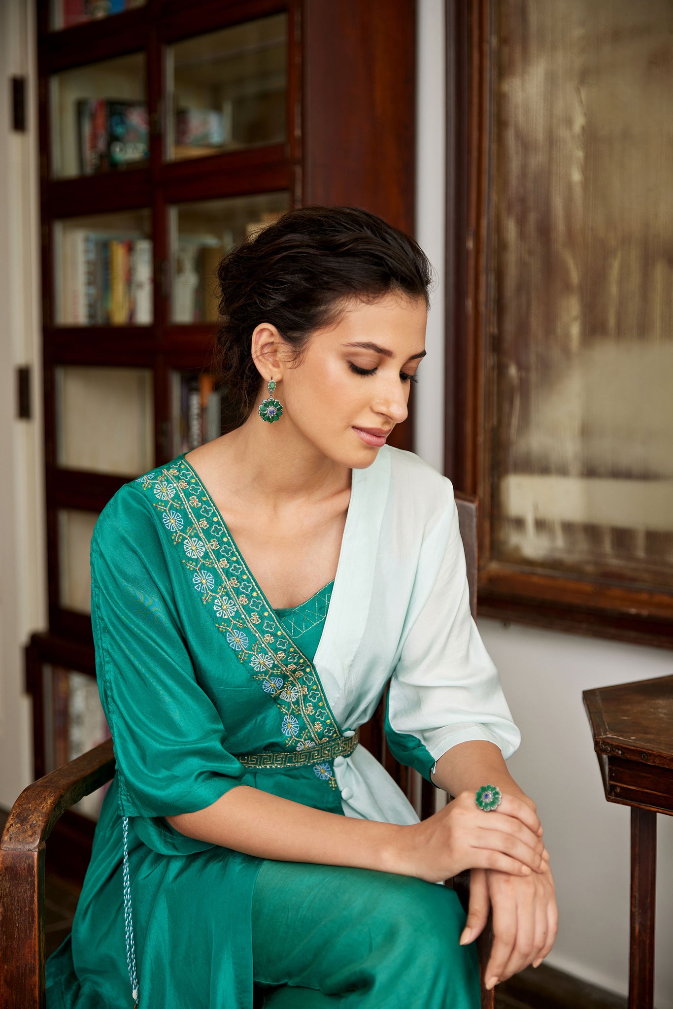 Teal & Powder Blue Hand Embroidered Kaftan Set