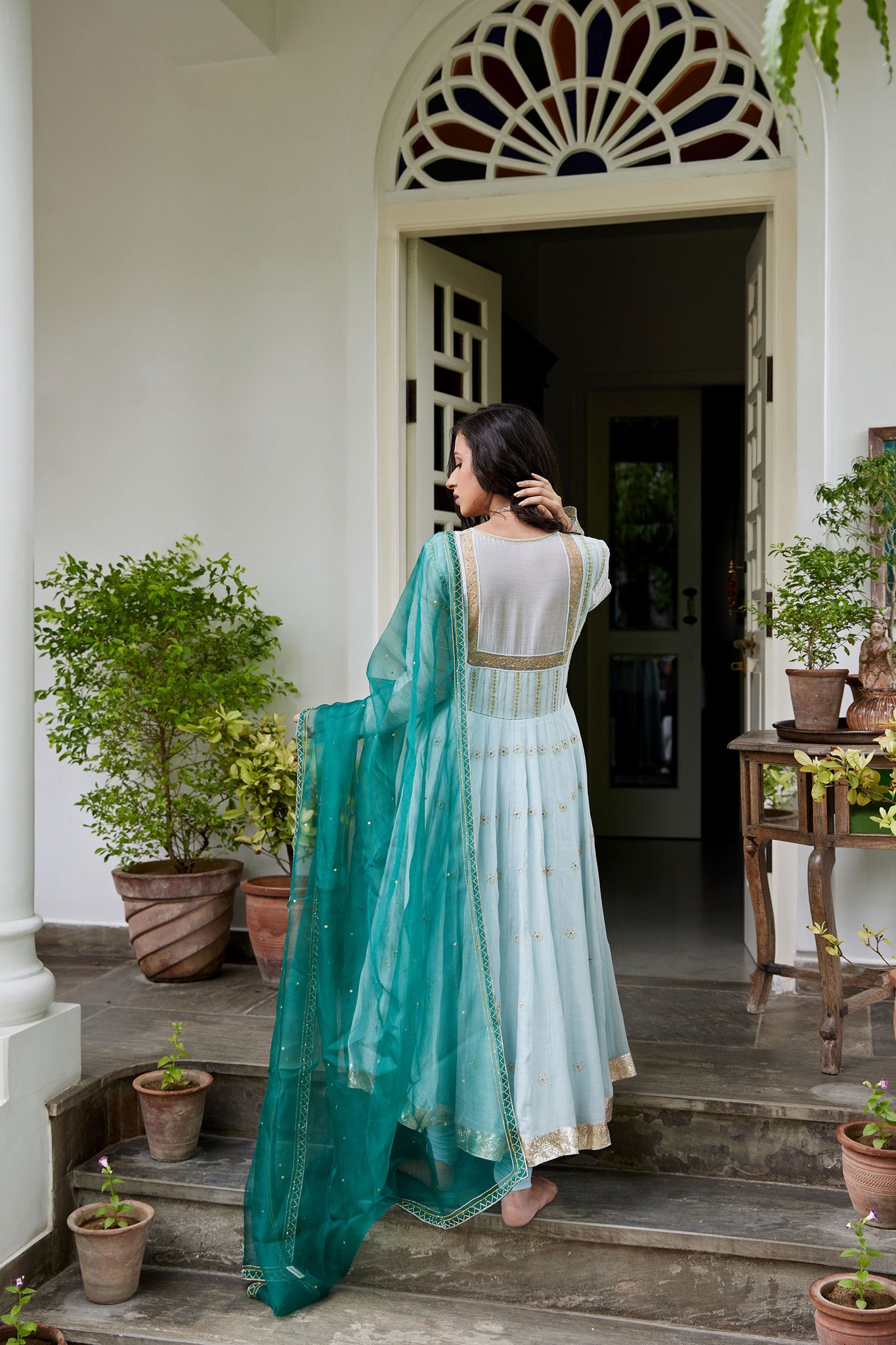 Powder Blue Chanderi Hand Embroidered Anarkali Set