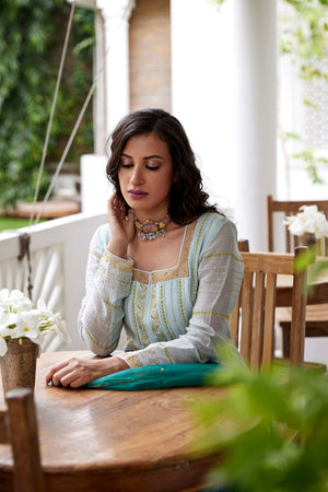 Powder Blue Chanderi Hand Embroidered Anarkali Set