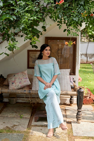 Powder Blue Hand Embroidered Straight Suit Set