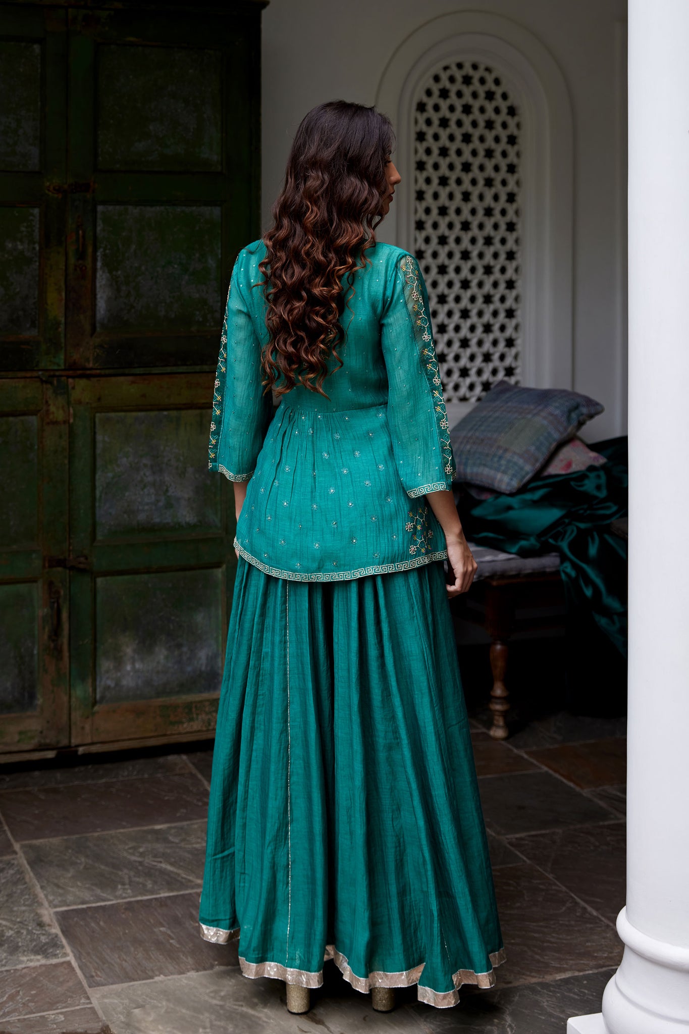 Overlap Bottle Green Hand Embroidered Kurta Sharara Set