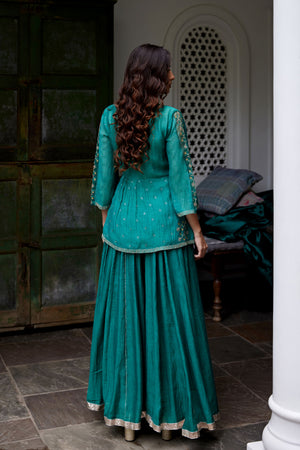 Overlap Bottle Green Hand Embroidered Kurta Sharara Set