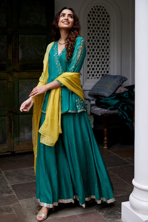 Overlap Bottle Green Hand Embroidered Kurta Sharara Set