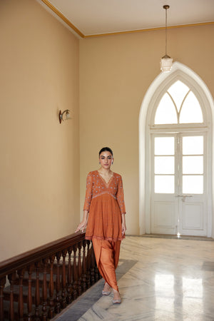 Rust Georgette Kurta & Dhoti Set
