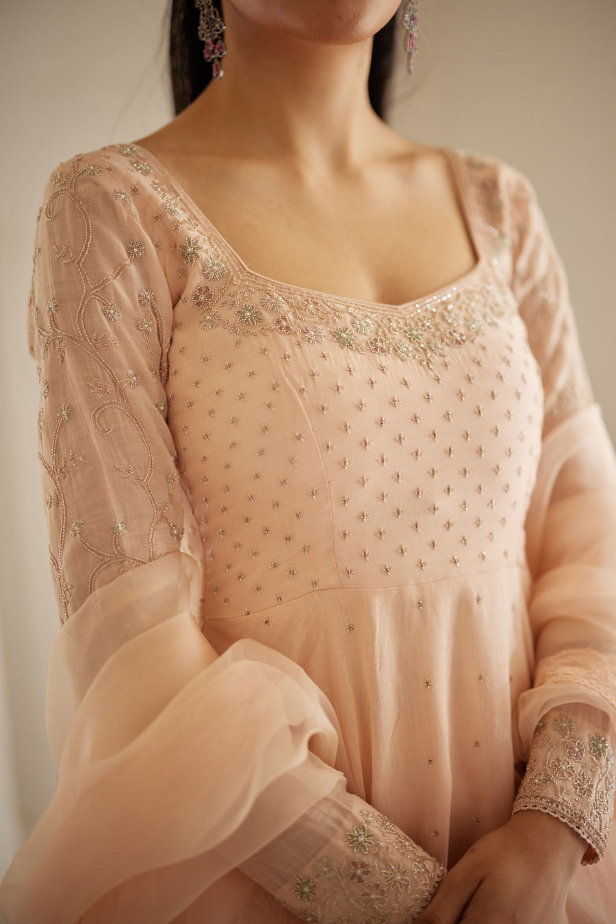 Pale Peach Chanderi Anarkali Set