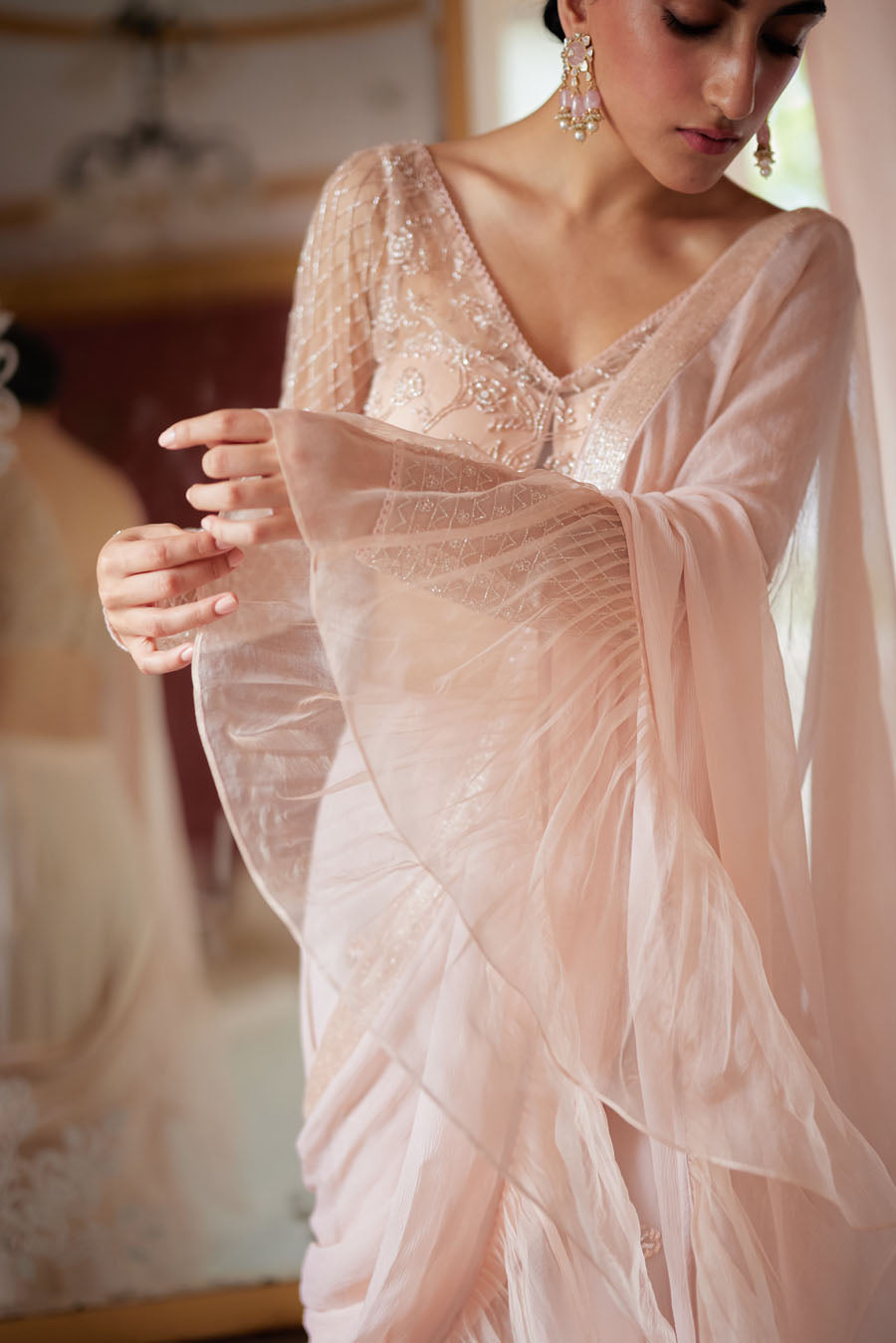 Pale Peach Organza Ruffled Chiffon Saree Set