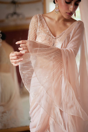 Pale Peach Organza Ruffled Chiffon Saree Set