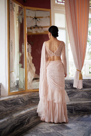 Pale Peach Organza Ruffled Chiffon Saree Set