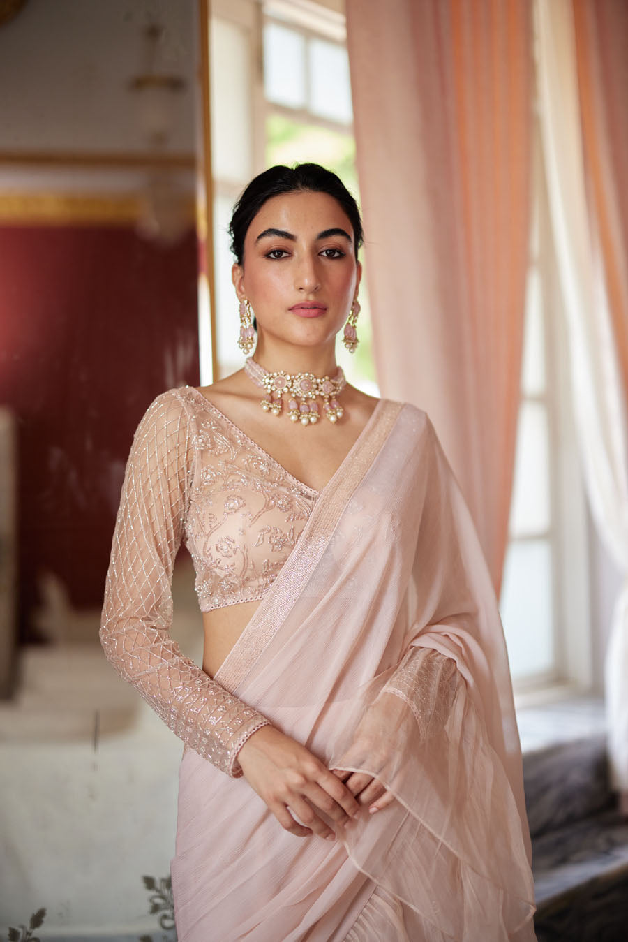 Pale Peach Organza Ruffled Chiffon Saree Set –