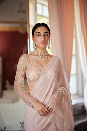 Pale Peach Organza Ruffled Chiffon Saree Set