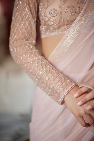 Pale Peach Organza Ruffled Chiffon Saree Set