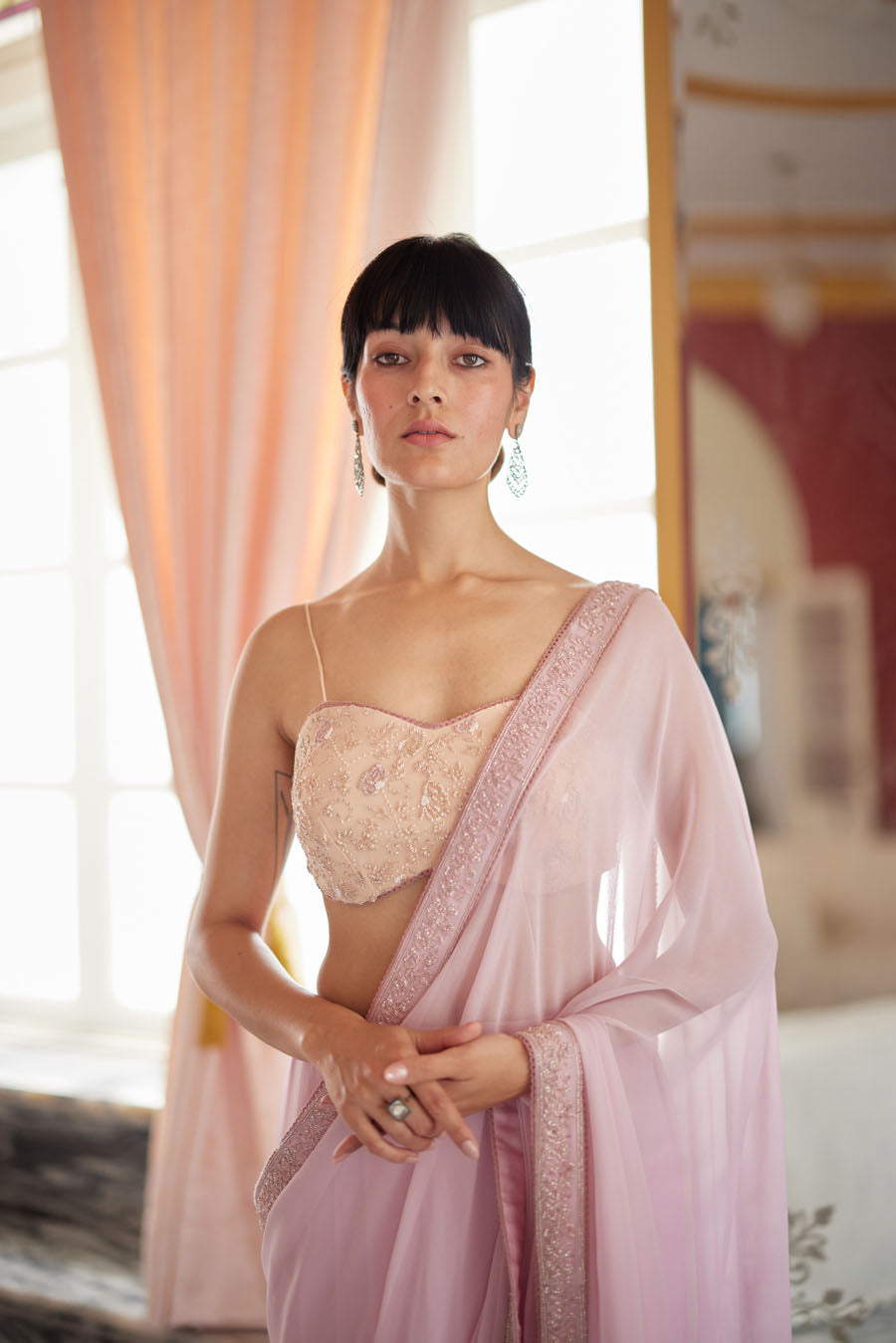 Blush Pink Bustier Saree Set