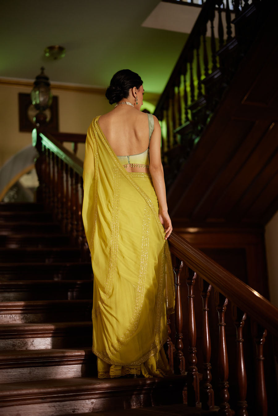 Lime green georgette Sharara Saree Set