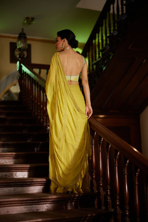 Lime green georgette Sharara Saree Set